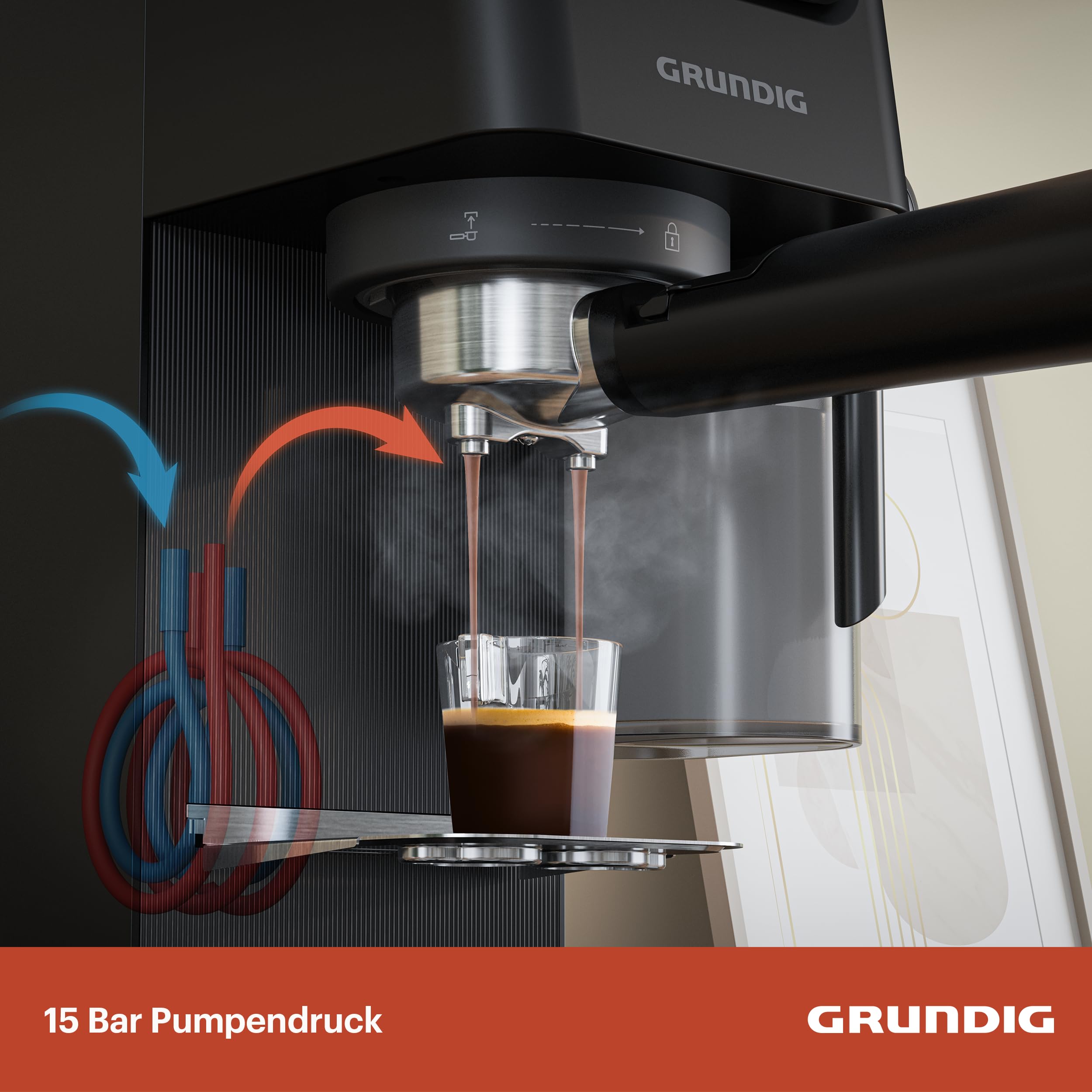 GRUNDIG - KSM 5330 Siebträgermaschine - 1628 W - 15 Bar Pumpendruck - Dark Inox - Milchbehälter 300ml - Touch-Display - BrewSense Technologie - 1,1L Wassertank - Espresso & Cappuccino - Robust 6