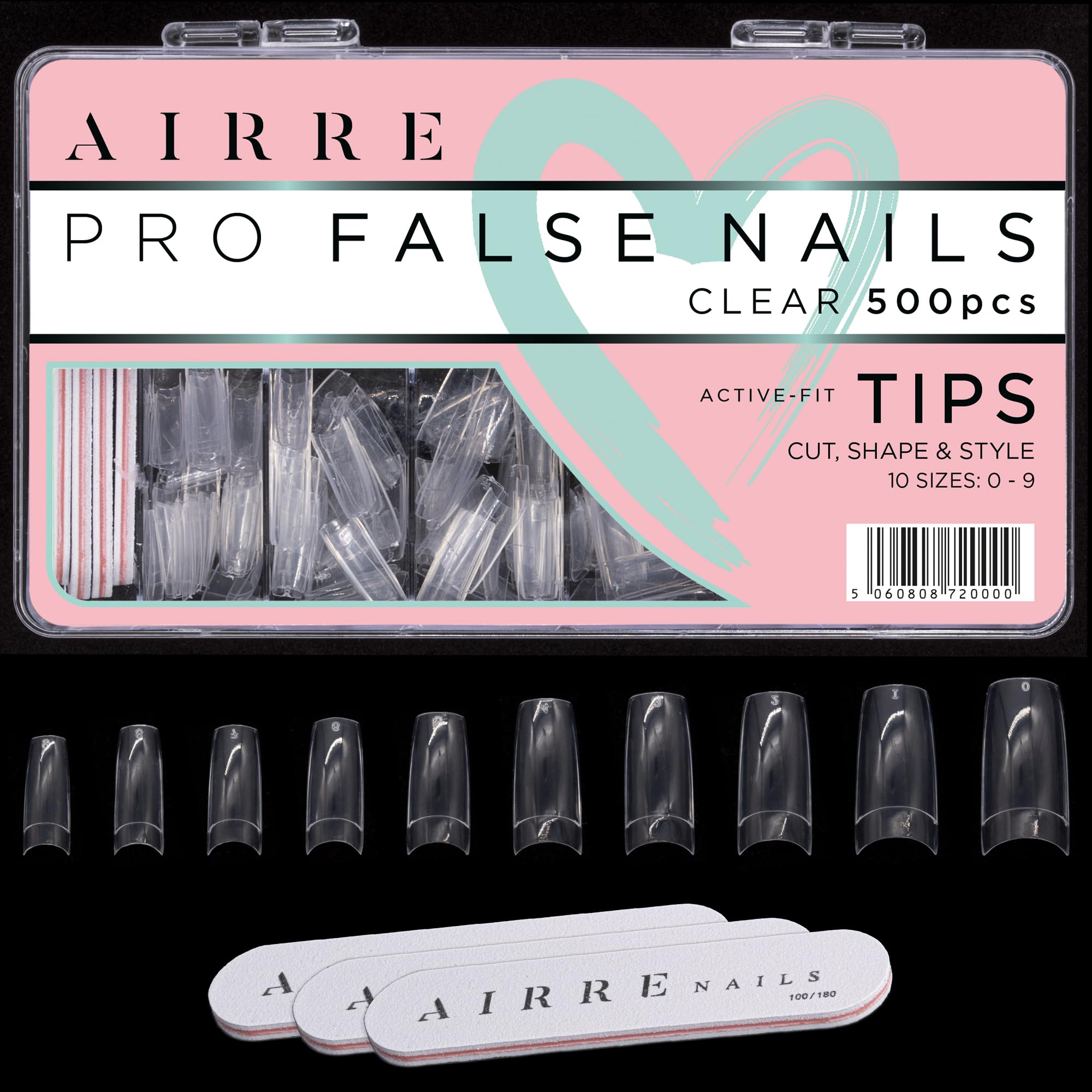500 AIRRE Pro Acrylic Nail Tips & 3 Files with Box - (10 Sizes) French Square Half Cover False Nails. For Salons MUA & Home DIY. Use: Cut, File & Shape, UV/LED Gel, Polish & Nail Art (Colour: Clear)