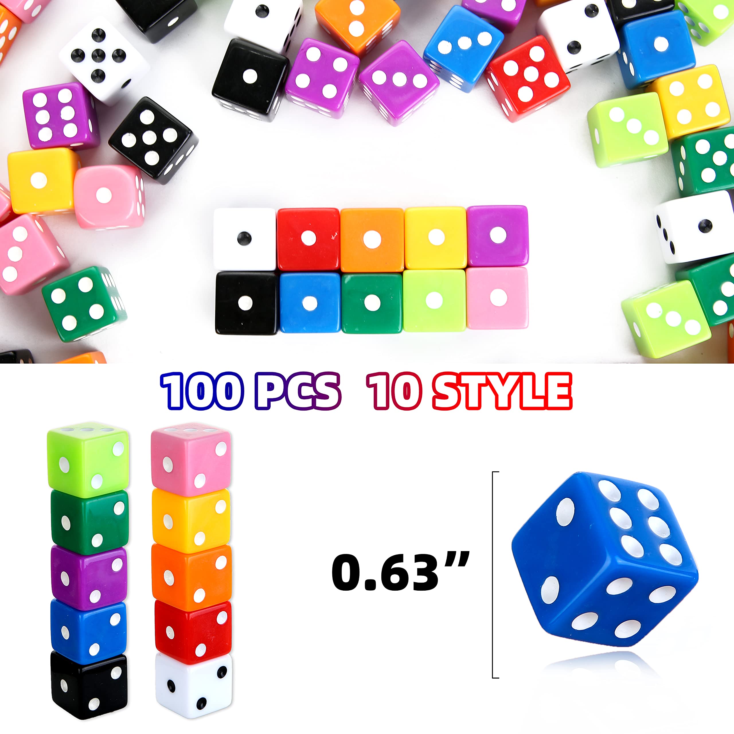 PROLOSO 100 Pcs D6 Game Dice Set 6-Sided 16mm Dice in Solid Color Standard Size Polyhedral Dice Square Corner Dice with Gift Box for Party Board Games