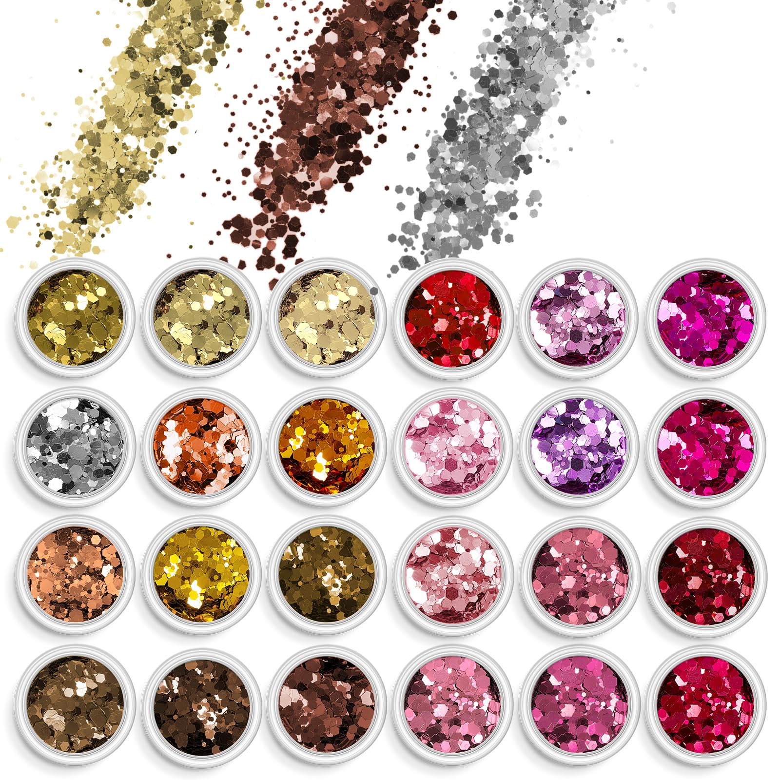 AOOWU Chunky Glitter, 24 Colors 3D Nail Glitter Sequins for Nail Art Decoration, Festival Nail Glitter Powder, Holographic Cosmetic Glitter for Face Body Eye Hair Nail and DIY Art(04＆05)