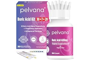 Pelvana Boric Acid Suppositories for Women 30 + 7 Applicators + 20 pH Test Strips = 57 Piece Kit for Vaginal Odor - Third-Party Lab Tested & Made in The USA