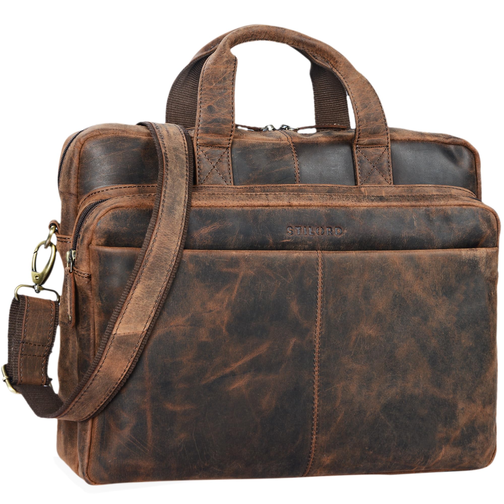 STILORD "Verus" Vintage Leather Bag Men Large XL Laptop Bag 14 inches/College Bag/Portfolio/Shoulder Bag/Satchel/Business Bag Genuine Leather Colour:Sepia - Brown