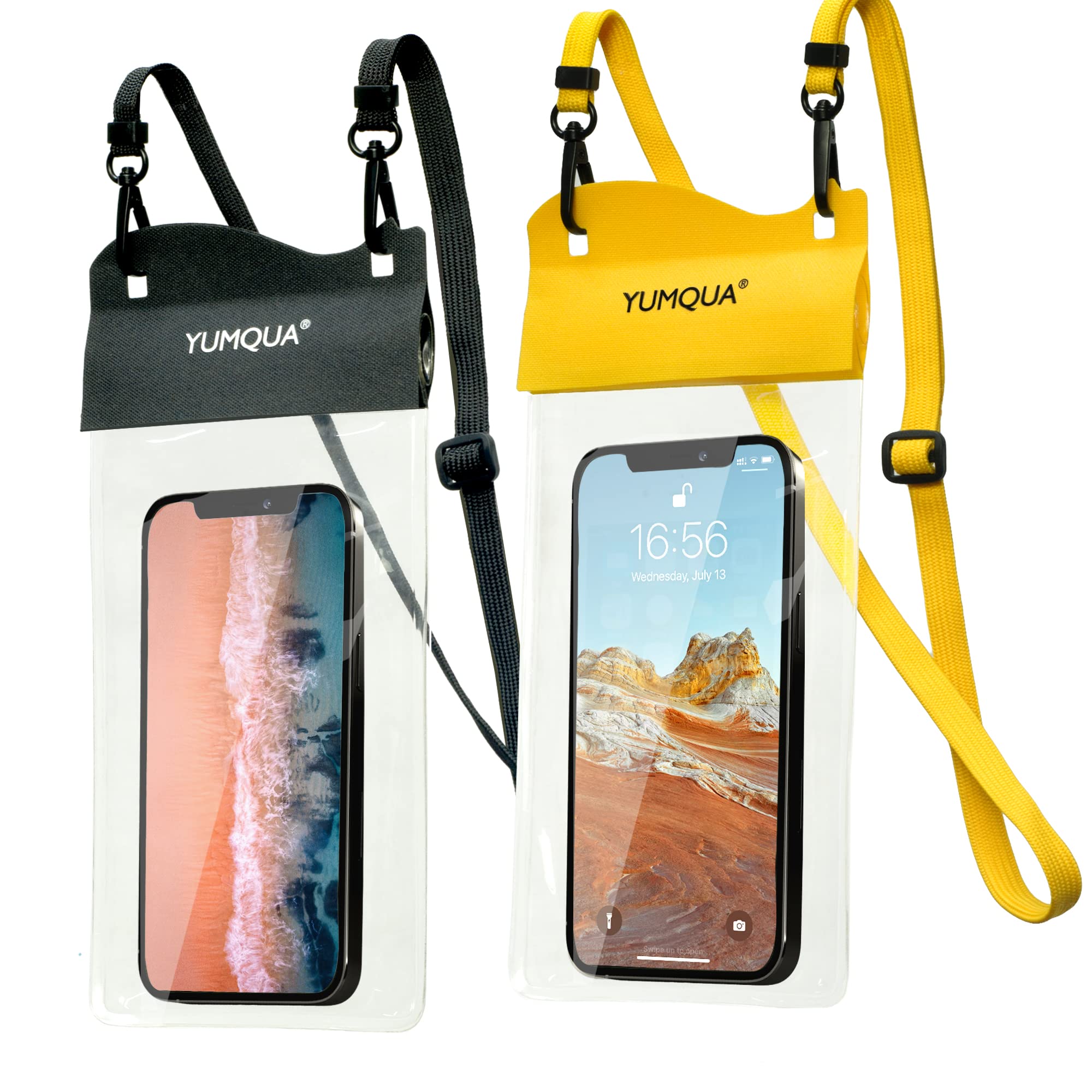 YUMQUA Waterproof Phone Pouch 2 Pack, [Up to 7.5"] IPX8 Waterproof Cell Phone Case Dry Bag Compatible with iPhone 15 14 13 12 11 Pro Max, Galaxy S23 S22 S21 Ultra, Pixel 4 XL, Black+Yellow