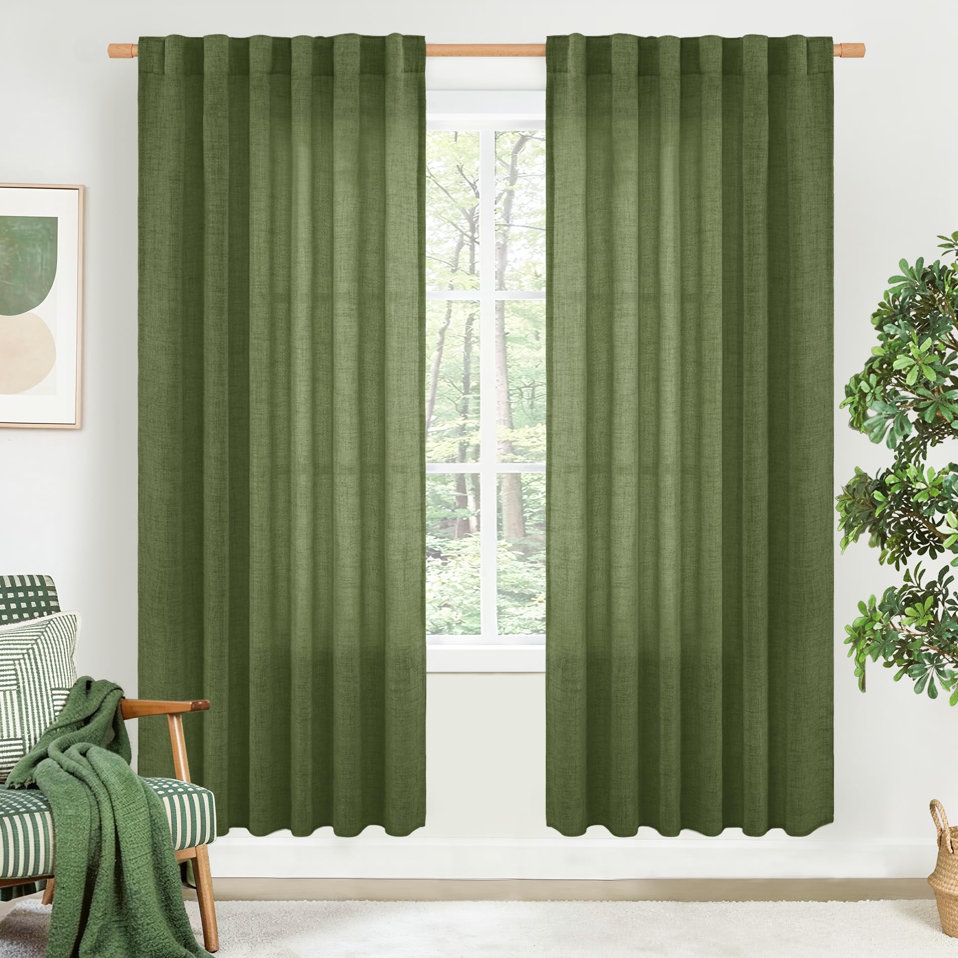 BGment Linen Olive Green Curtains for Living Room 80 Inch Length, Semi Sheer Window Textured Drapes Back Tab Light Filtering for Farmhouse Dining Bedroom Rod Pocket, 2 Panel, Each Panel 52 Inch Wide Image