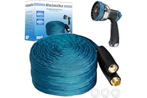 Gnimihz Garden Hose 50ft, Made of TPE(Not PVC), Ultra-Light & Flexible Water Hose with Solid Brass Fittings, Non-Shrinking, Easy to Storage, Drinking Water Safe Material, All-weather, SeaBlue