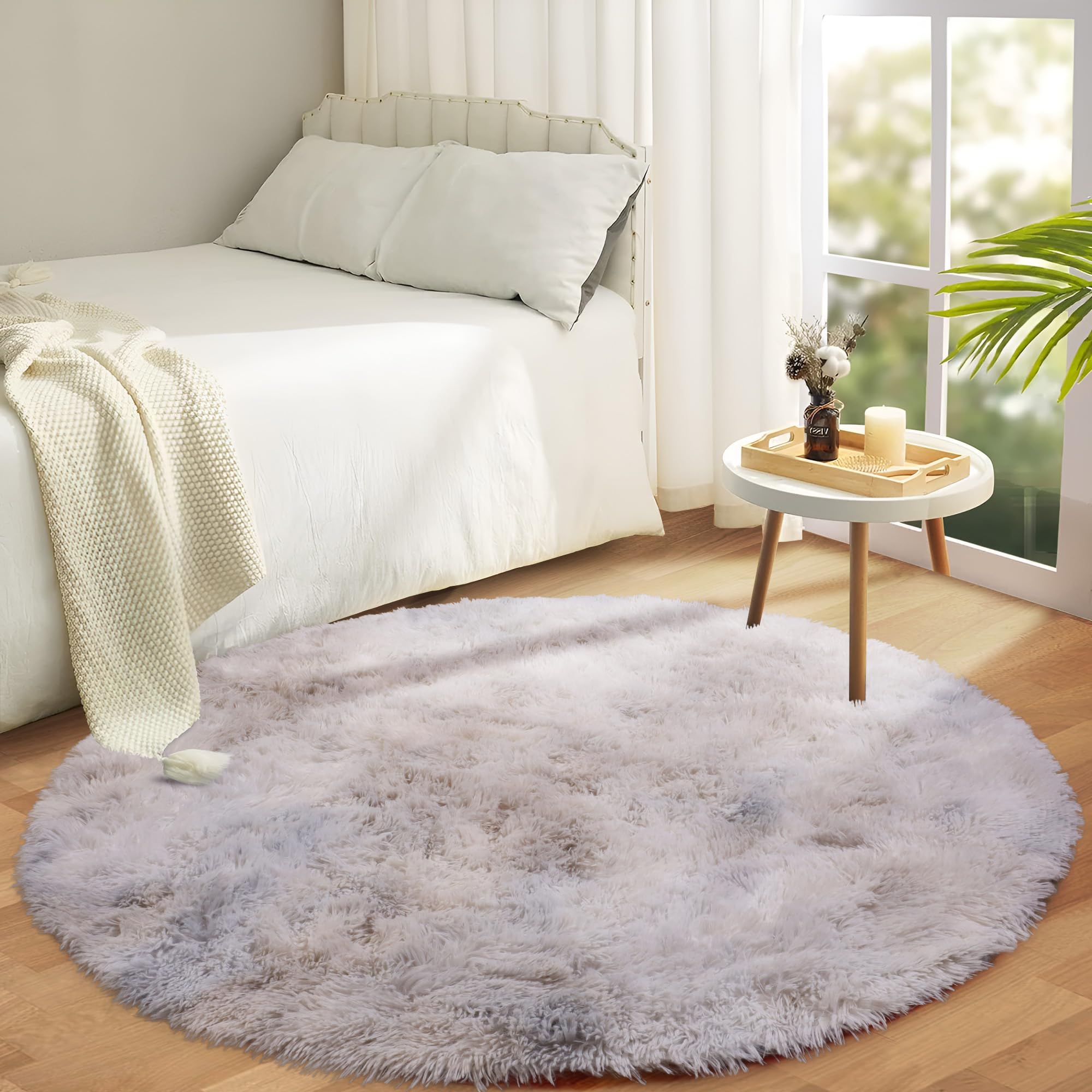 Aspire Homeware Round Rugs Living Room - Tie-Dye Light Grey Area Rugs 120x120cm for Bedroom Anti Slip - Modern Super Soft Fluffy Shaggy Rug – Plush Carpets Bedside Rug for Kids Room
