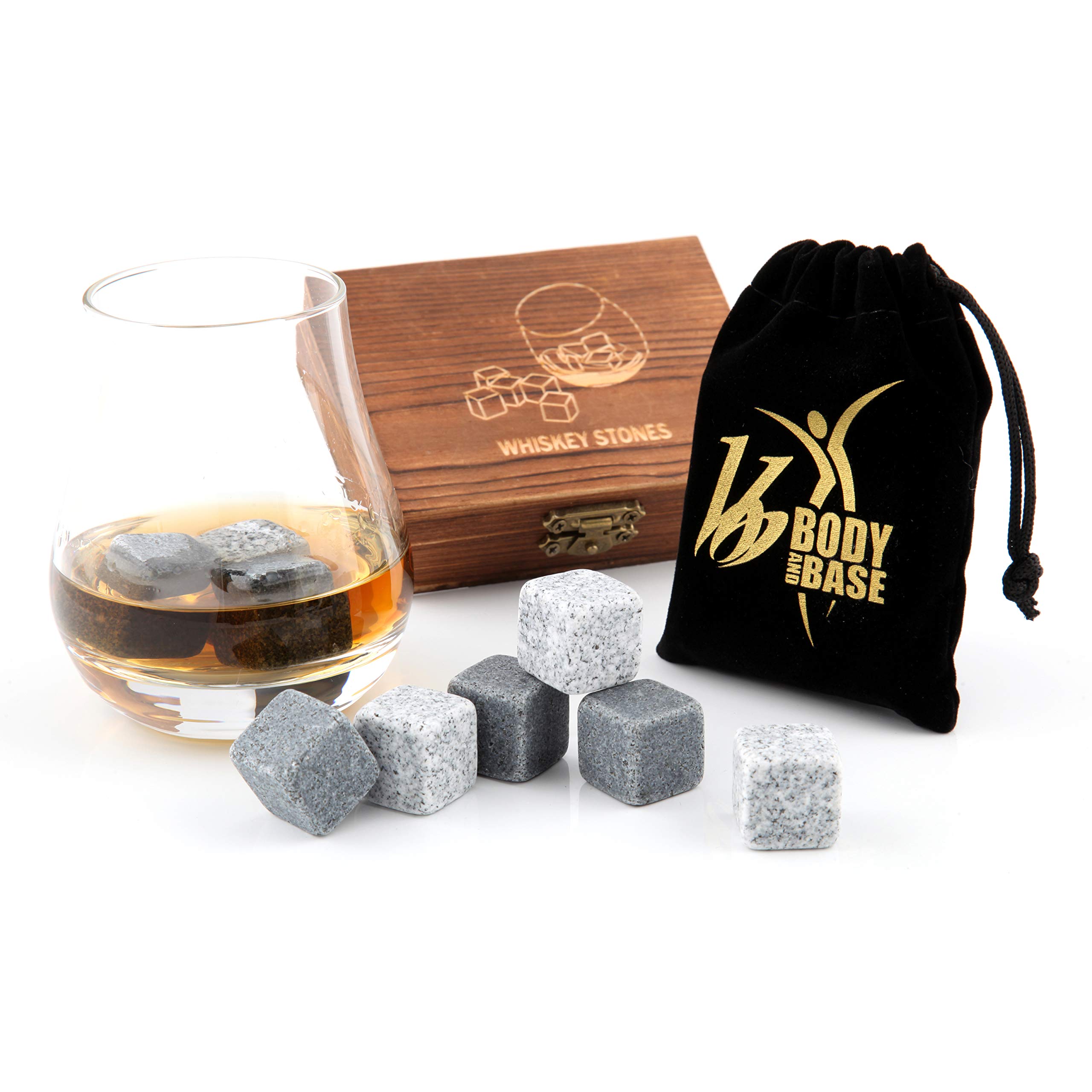 Whisky/Whiskey Sipping Stones Gift Set of 9 Natural Soapstone and Granite Chilling Rocks with Stylish Box and Free Velvet Pouch (Authentic Wooden Box)