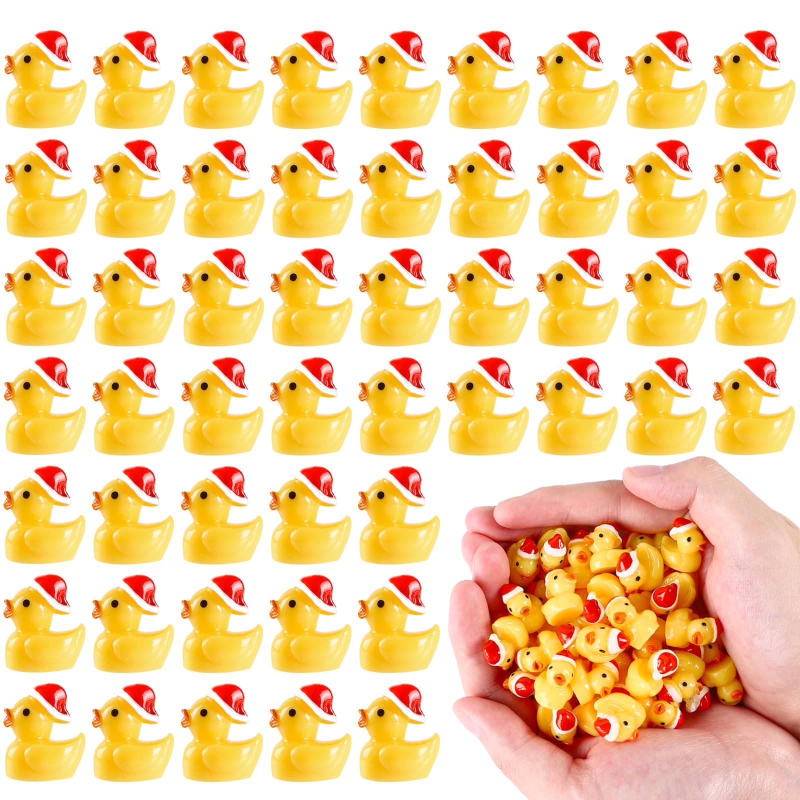JOLCEEY 50pcs Mini Ducks, Resin Mini Christmas Ducks Little Small Tiny Plastic Ducks with Christmas Hat for Christmas Party Bag Fillers Indoor Decoration