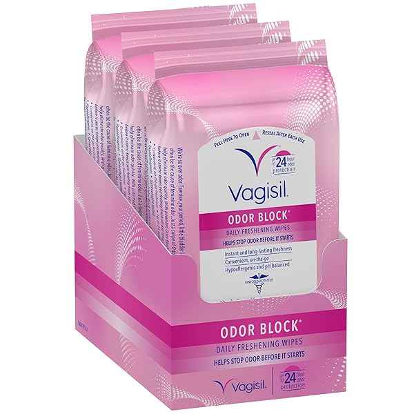 VAGISIL ODOR BLOCK DAILY FRESHENING WIPES FOR FEMININE HYGIENE IN RESEALABLE POUCH, GYNECOLOGIST TESTED & HYPOALLERGENIC, 20 WIPES (PACK OF 3)