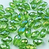 Honkoolly 130pcs 6x8mm Teardrop Crystal Glass Beads Vertical Hole Faceted Glass Teardrop Spacer Beads for Bracelets Necklace Earring DIY Jewelry Making Craft(Light Green AB)