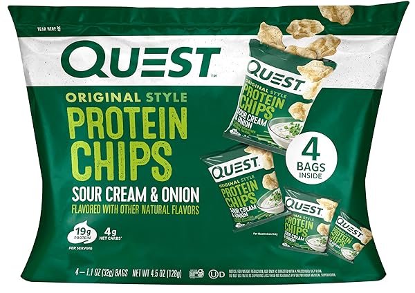 QUEST NUTRITION PROTEIN CHIPS, SOUR CREAM & ONION, 21G PROTEIN, 3G NET CARBS, 130 CALS, 1.2OZ BAG, 1 COUNT, HIGH PROTEIN, LOW CARB, GLUTEN FREE, SOY FREE, POTATO FREE