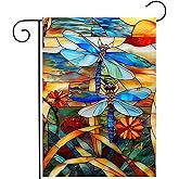 Stained Glass Dragonfly Garden Flag Spring Summer Yard Flag Fall Floral Decorative Flags for Outside 12x18 Double Sided Small Seasonal Lawn Flags Rustic Outdoor Decor