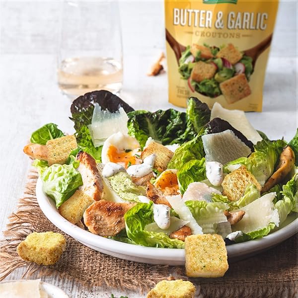 FRESH GOURMET PREMIUM CROUTONS | BUTTER & GARLIC | 5 OUNCE, PACK OF 6 | CRUNCHY SALAD TOPPER