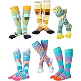 Bonuci 6 Pairs Rainbow Toe Socks Christmas Women Cotton Knee High Toe Sock Separated Striped Pride Long LGBT Sock
