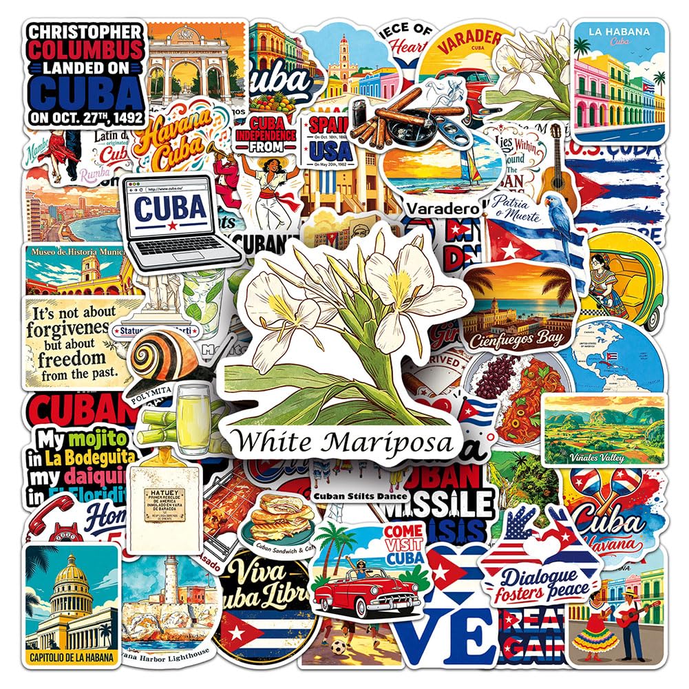Cuba Stickers |65Pcs Cuban Theme Waterproof Vinyl Decals | Removable Reusable Peel and Stick Decation for Water Bottles Lapto