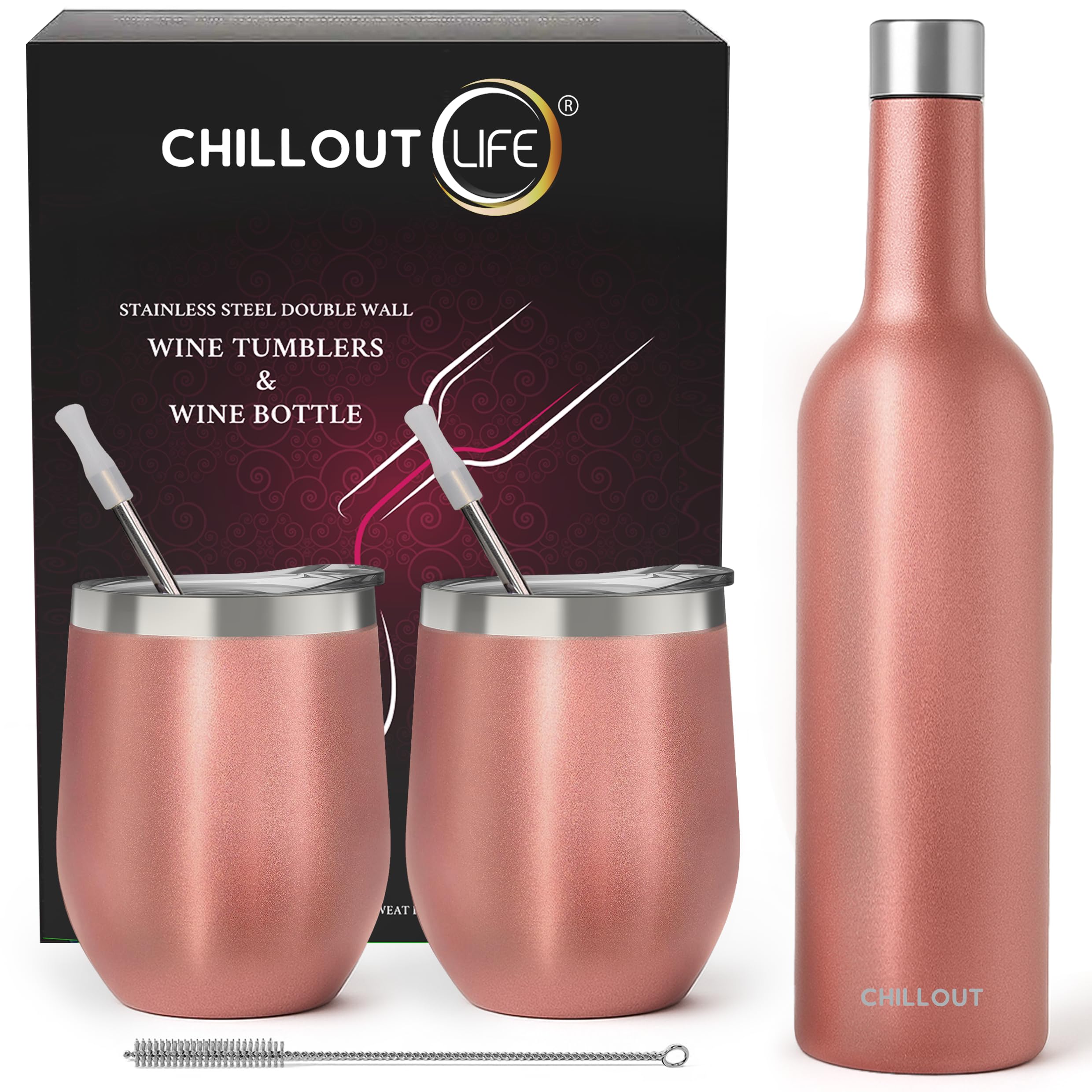 CHILLOUT LIFE Stainless Steel Wine Tumblers 2 Pack 12 oz & 1 Insulated Wine Bottle - Double Wall Vacuum Insulated Wine Cups with Lids and Straws Set - Rose Gold