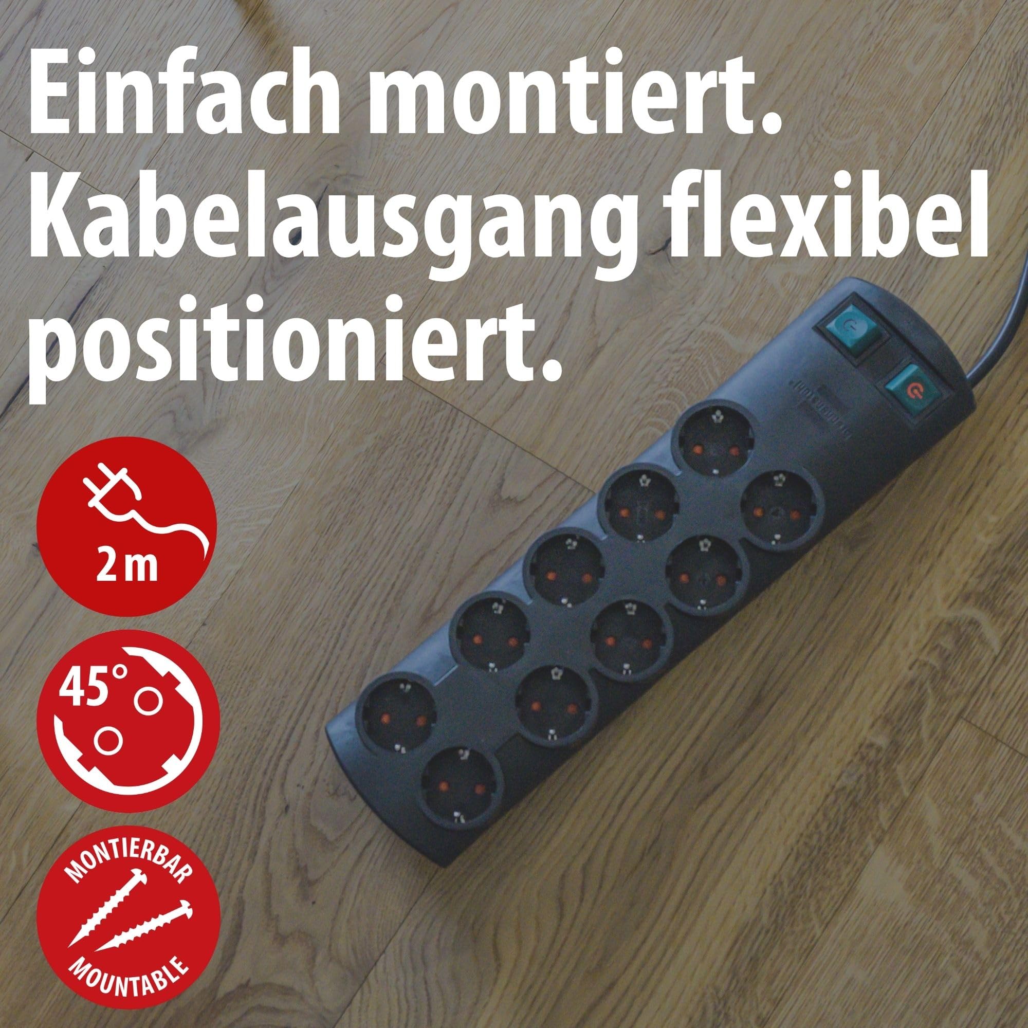 Brennenstuhl Primera-Line Steckdosenleiste 10-Fach (Mehrfachsteckdose mit 2 Schaltern für je 5 Steckdosen und 2m Kabel) schwarz 2