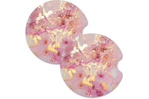 Nipichsha Car Cup Holder Coasters, 2 Pack Anti Slip Insert Coasters, Rubber Car Cup Mat with A Finger Notch, Cute Car Interior Accessories for Women Men(Gold Pink Marble)