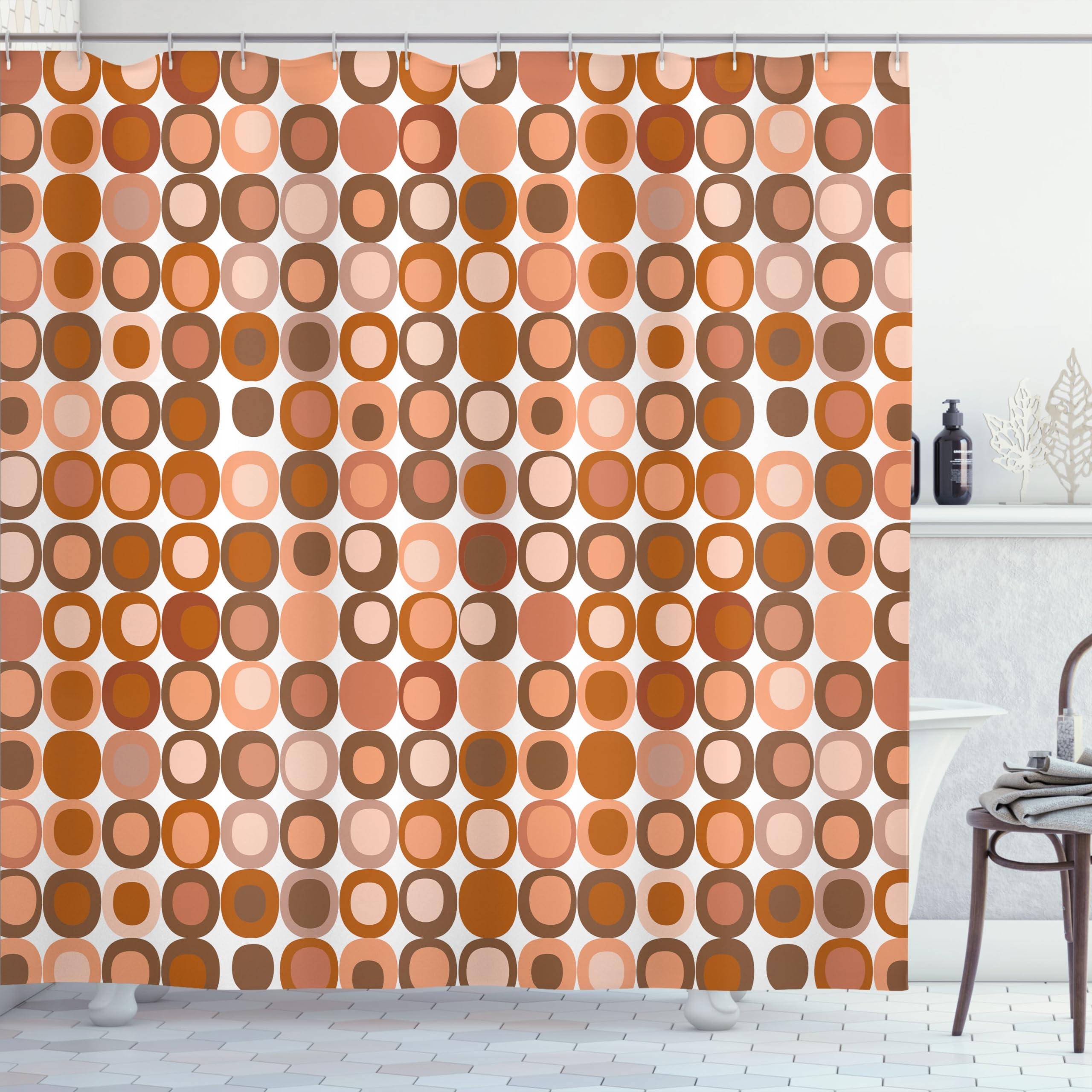 ABAKUHAUS Mid Century Shower Curtain, Retro-Themed Styled Round Edged Mosaic Inspired Repeated Square Motif, Cloth Fabric Bathroom Decor Set with Hooks, 175 x 200 cm, Pale Cinnamon