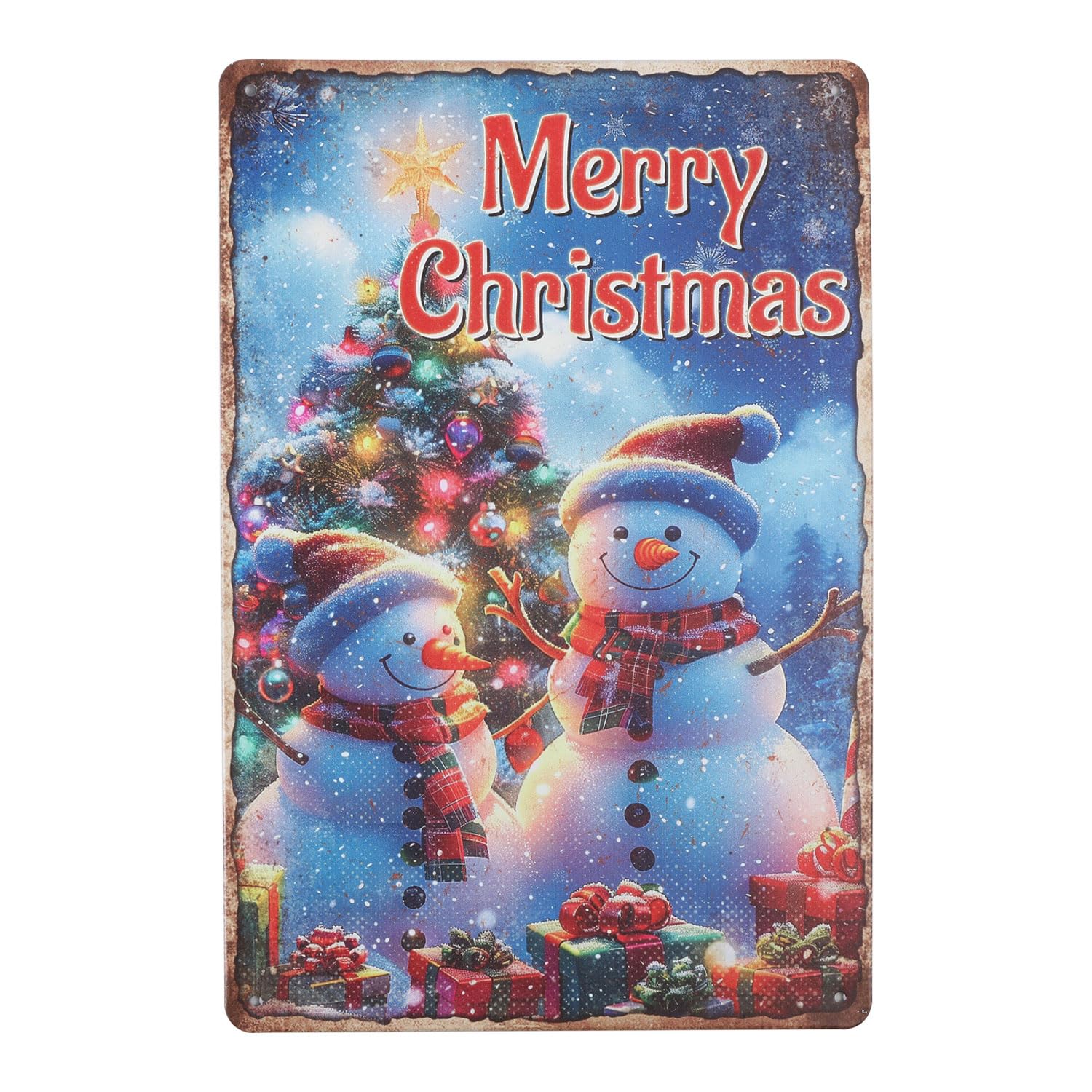GLOBLELAND Christmas Night Scenery Tin Sign Snowman Metal Tin Sign Vintage Metal Tin Sign 12×8inch Marry Christmas Funny Wall Decor Tin Signs for Home Store Bar Club Christmas Decoration