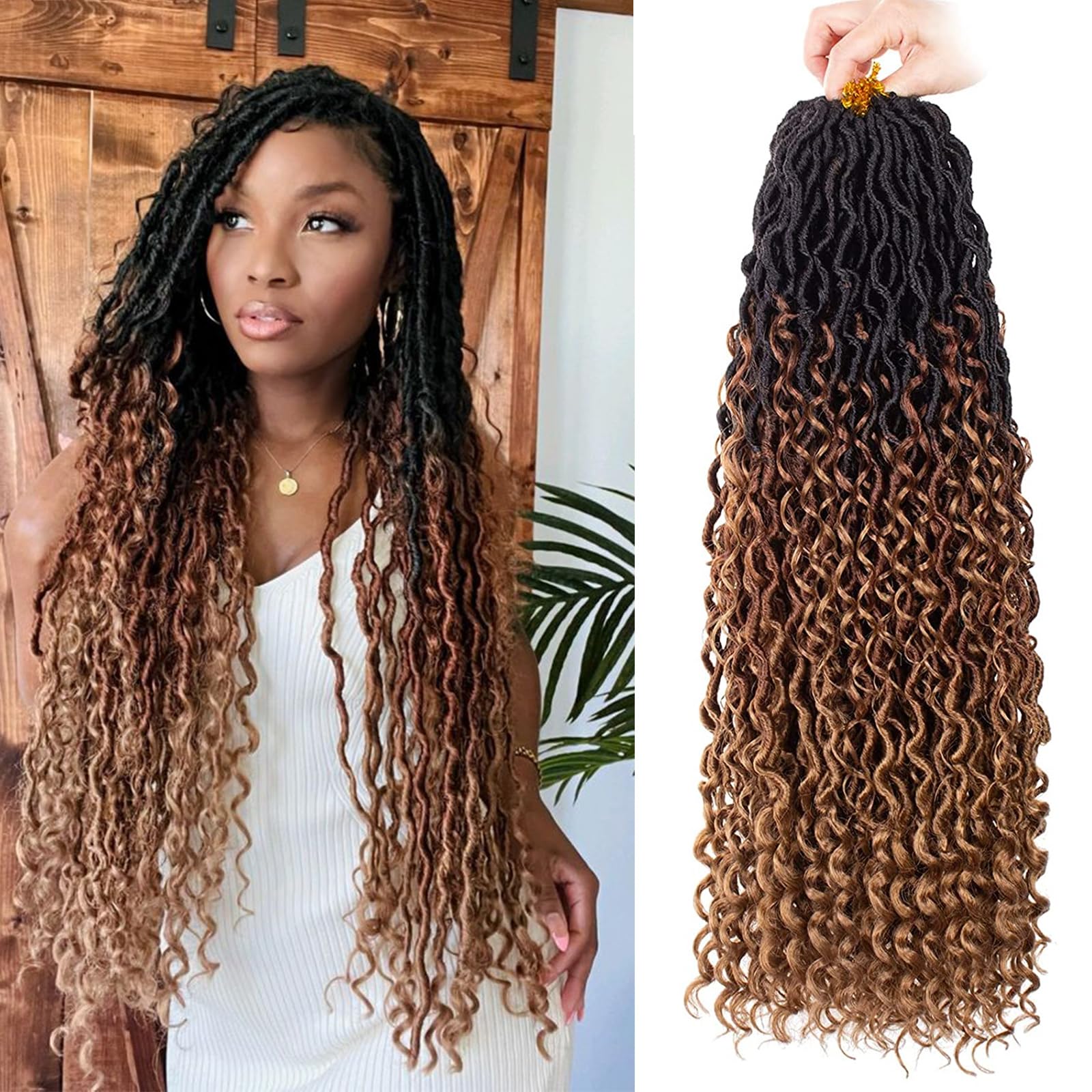 Xtrend 24Inch 8 Packs 3 Tones River Faux Locs Crochet Hair With Curly Hair In Middle And Ends 12Strands/pack Pre-Looped Crochet Braids Messy Bohemian Fuax Locs Hair Extensions 1B3027# — image 1