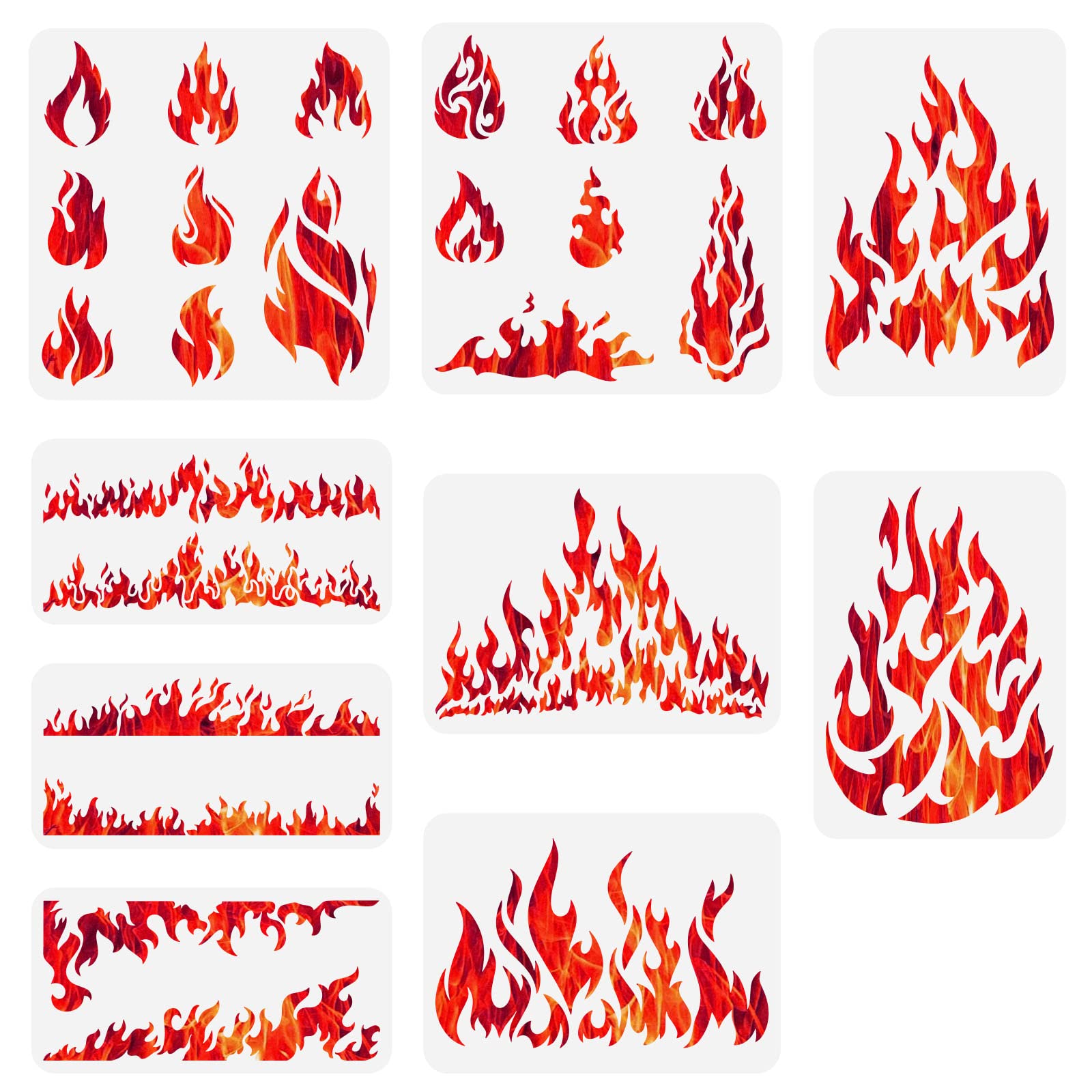 FINGERINSPIRE 9PCS Fire Pattern Stencil 3 Sizes Reusable Burn Blaze Bonfire Painting Stencils Plastic PET Wall Border Template Flames Stencil DIY Art and Craft Stencils for Wall Tiles Furniture Decor