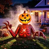 SEASONBLOW 5 FT Long Halloween Inflatable Pumpkin Skeleton Skull Outdoor | Blow Up Ground Breaking Pumpkin Skeleton for Party Indoor Garden Yard, Half Body Skull Coming Out of Ground