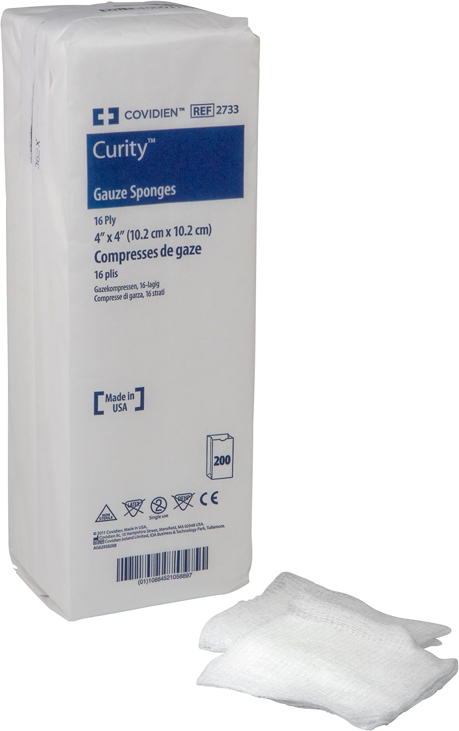 COVIDIEN2733 Curity Gauze Sponge, Non-Sterile, 4" x 4", 16-Ply (Pack of 200)