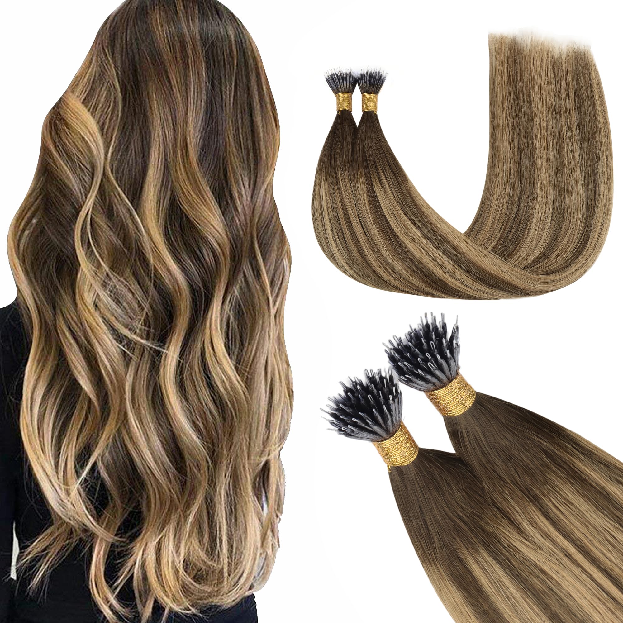 GOO GOO Nano Hair Extensions Real Human Hair, Nano Beads Hair Extensions, 50g 14inch 100 Strands Balayage Chocolate Brown to Caramel Blonde Cold Fusion Nano Rings Extensions