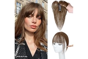 Datanala 100% Real Human Hair 360° Cover Air Bangs In Clip Medium Brown Wispy Bangs Human Hair Clip Hairpieces with Temples W