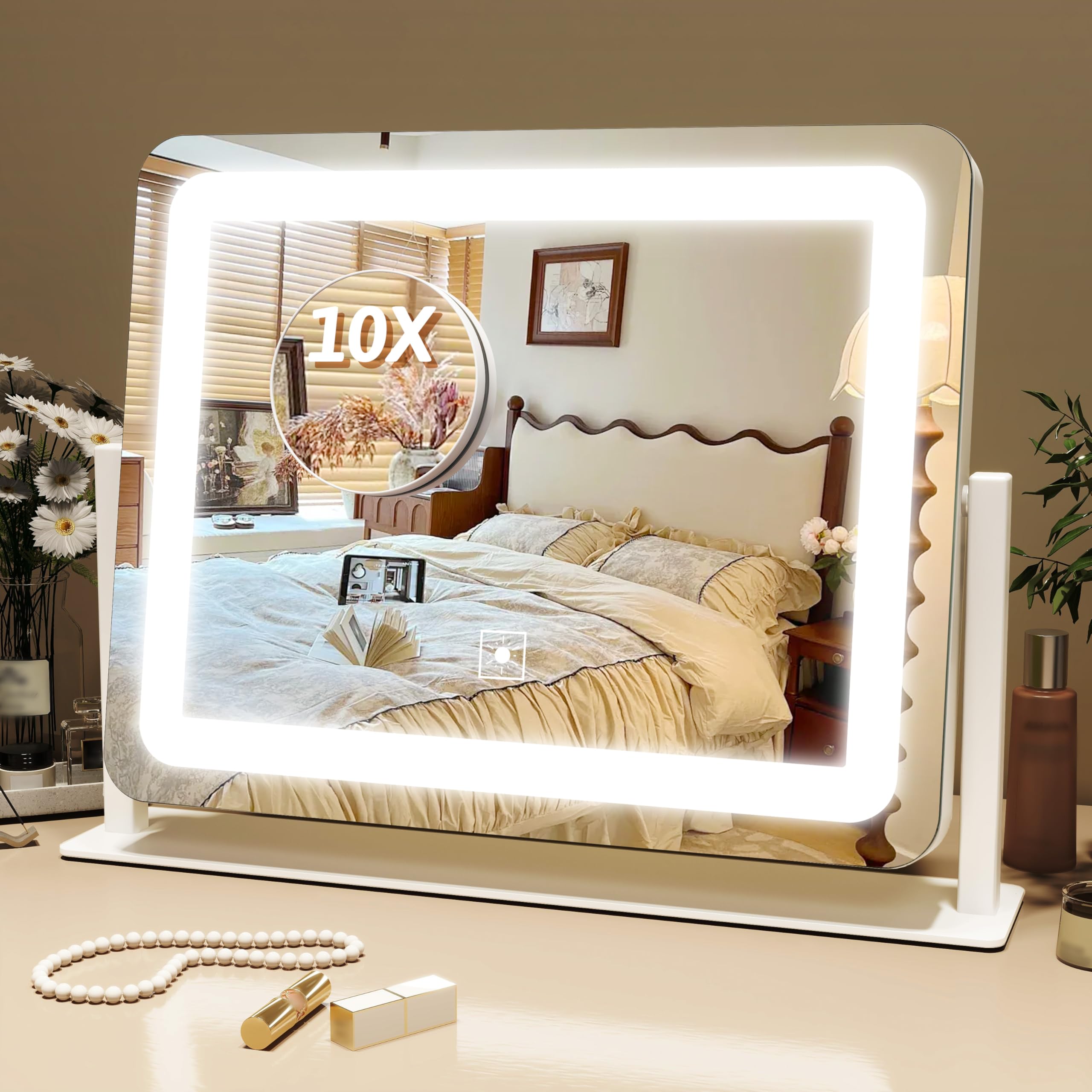 Photo 1 of FENNIO Vanity Mirror with Lights, 12" x 16" Lighted Makeup Mirror with Smart Touch Control, 3 Color Modes & Brightness Adjustable, LED Makeup Mirror with 10X Magnification, 360° Rotation for Bedroom