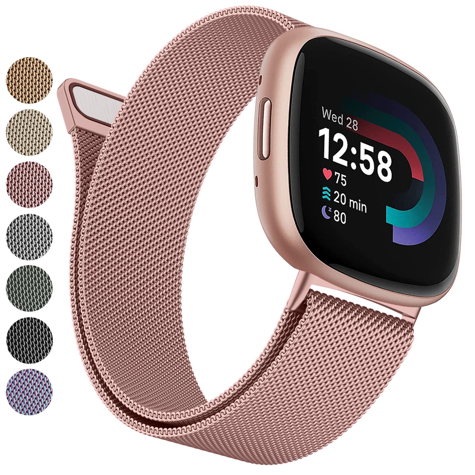 Strap compatible with Fitbit Versa 3 Straps/Versa 4 Strap/Fitbit Sense/Sense 2 Strap for Women Men, Breathable Stainless Steel Mesh Loop Wristband Replacement Metal Strap (Rose pink,Large)