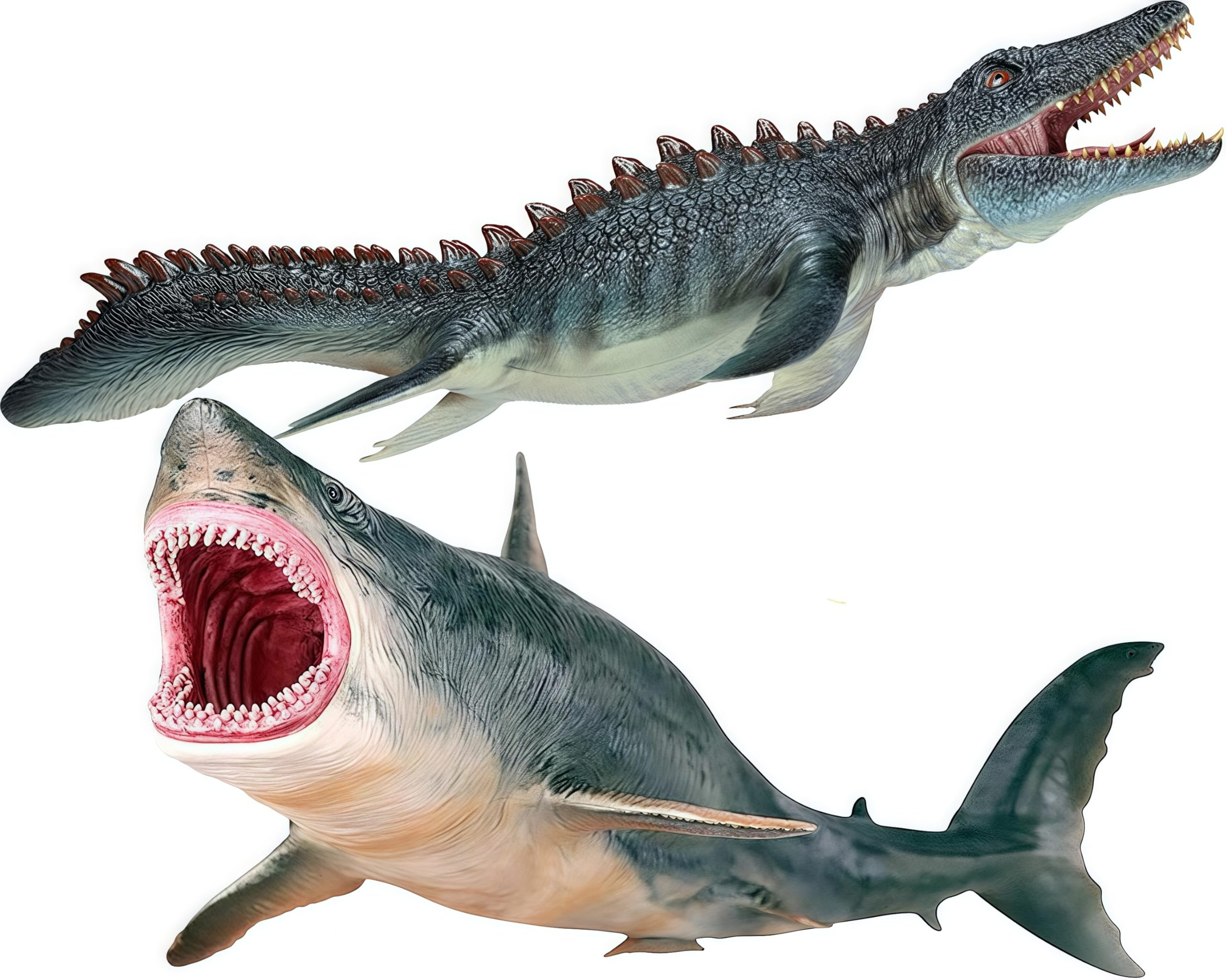 Photo 1 of Gemini&Genius Mosasaurus and Megalodon Water Dinosaur Great White Shark Toys Set, Dinosaur with Sea Monster Set for Birthday Cake Toppers, Action Figure Toy Collections, Play or Display Toys for Kids