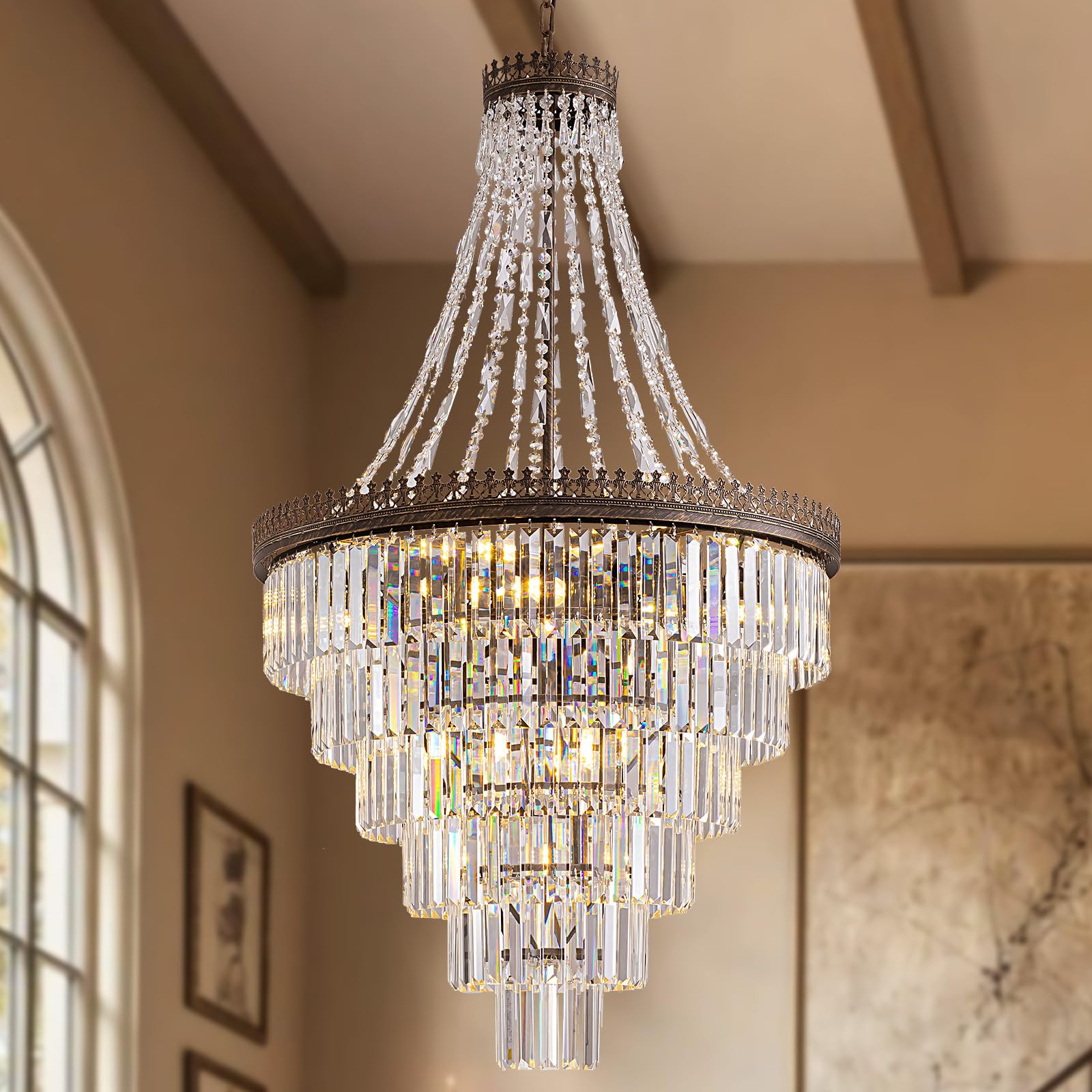 Photo 1 of ** USED /UNTESTED DAMAGE MINOR PARTS CHECK PHOTO** WECHAET French Empire Staircase Crystal Chandelier, Antique Bronze Vintage High Ceiling Chandelier for Foyer Entryway Hallway Entrance Living Room, Foyer Lighting Fixtures, 28" W x 48" H