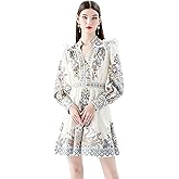 LAI MENG FIVE CATS Women's V-Neck Floral Print Lantern Sleeve Button up Shirt Dress Casual Mini Dress