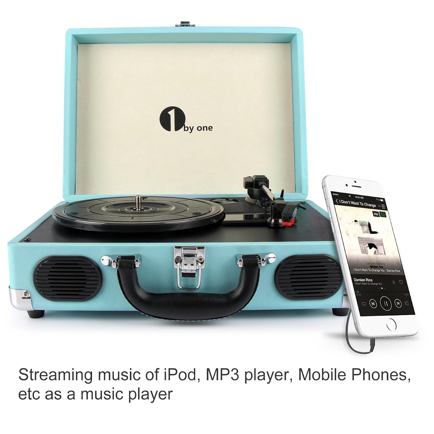 1Byone Belt-Drive 3-Speed Portable Stereo Turntable With Built In Speakers, Supports Rca Output / Headphone Jack / Mp3 / Mobile Phones Music Playback, Turquoise (6921502918058)