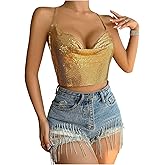 SOLY HUX Women's Metallic Cowl Neck Halter Top Backless Chain Shiny Y2k Party Crop Tops