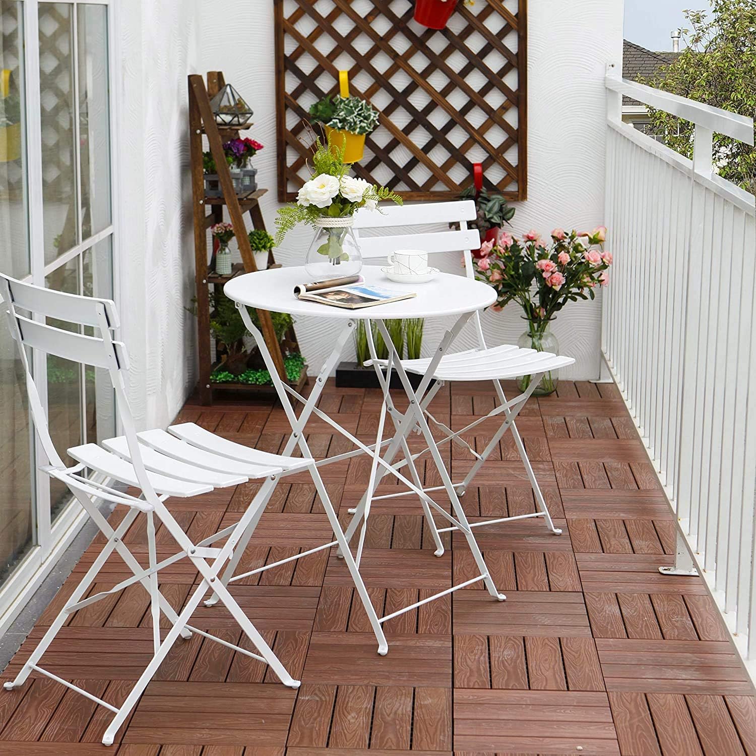 Grand patio 3pc Metal Folding Bistro Set, 2 Chairs and 1 Table, Weather-Resistant Outdoor/Indoor Conversation Set for Patio, Yard, Garden-White: Garden & Outdoor