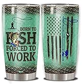 WAZONE Fishing Insulated Tumbler Cup 20oz American Flag Vacuum Travel Mug Stainless Steel Born To Fish Forced To Work Funny Gifts Birthday Presents Christmas for Dad Men Fisherman