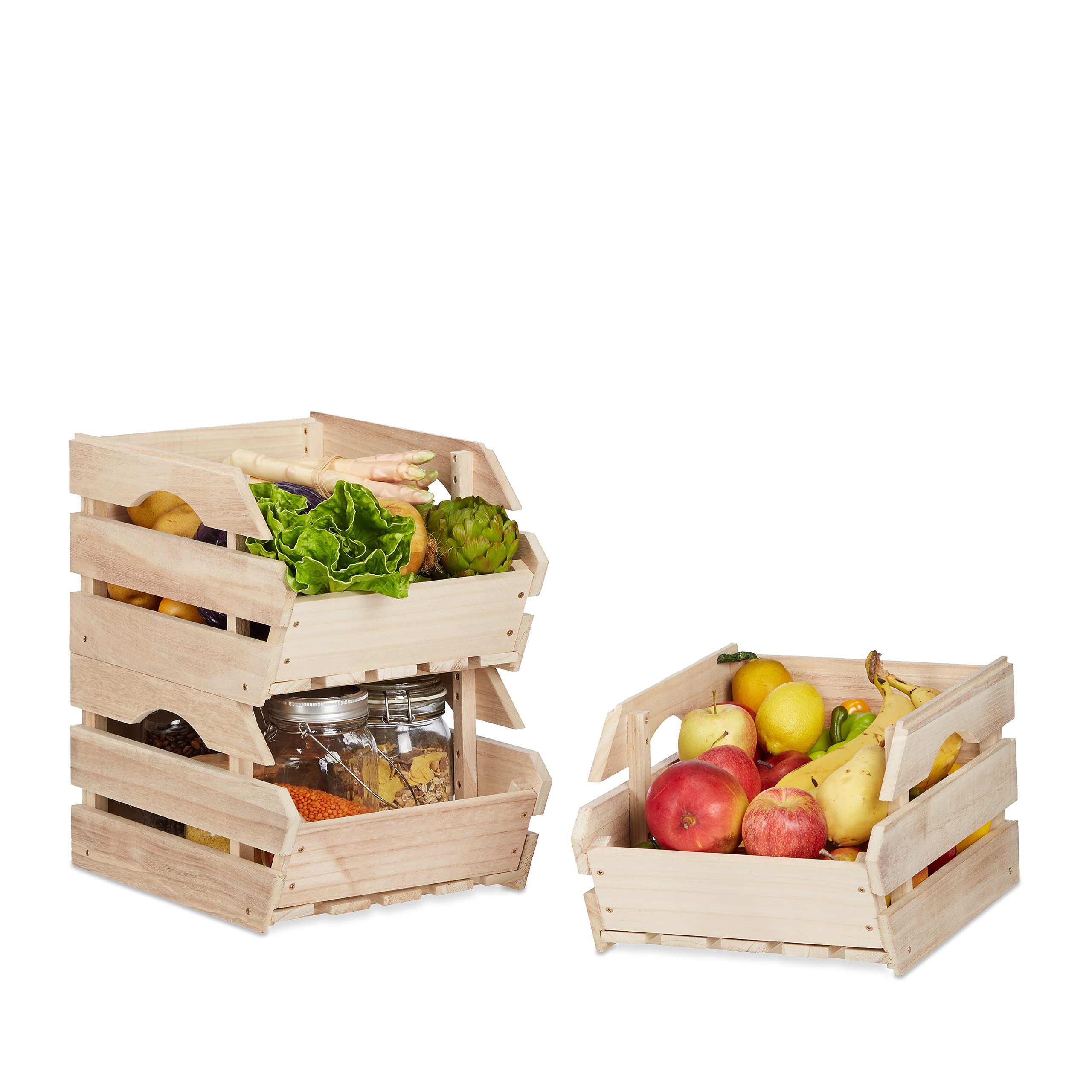 Relaxdays Stacking Wooden Boxes, Set of 3 Universal Sturdy Storage Crates, HxWxD: 20x27.5x38 cm, Natural
