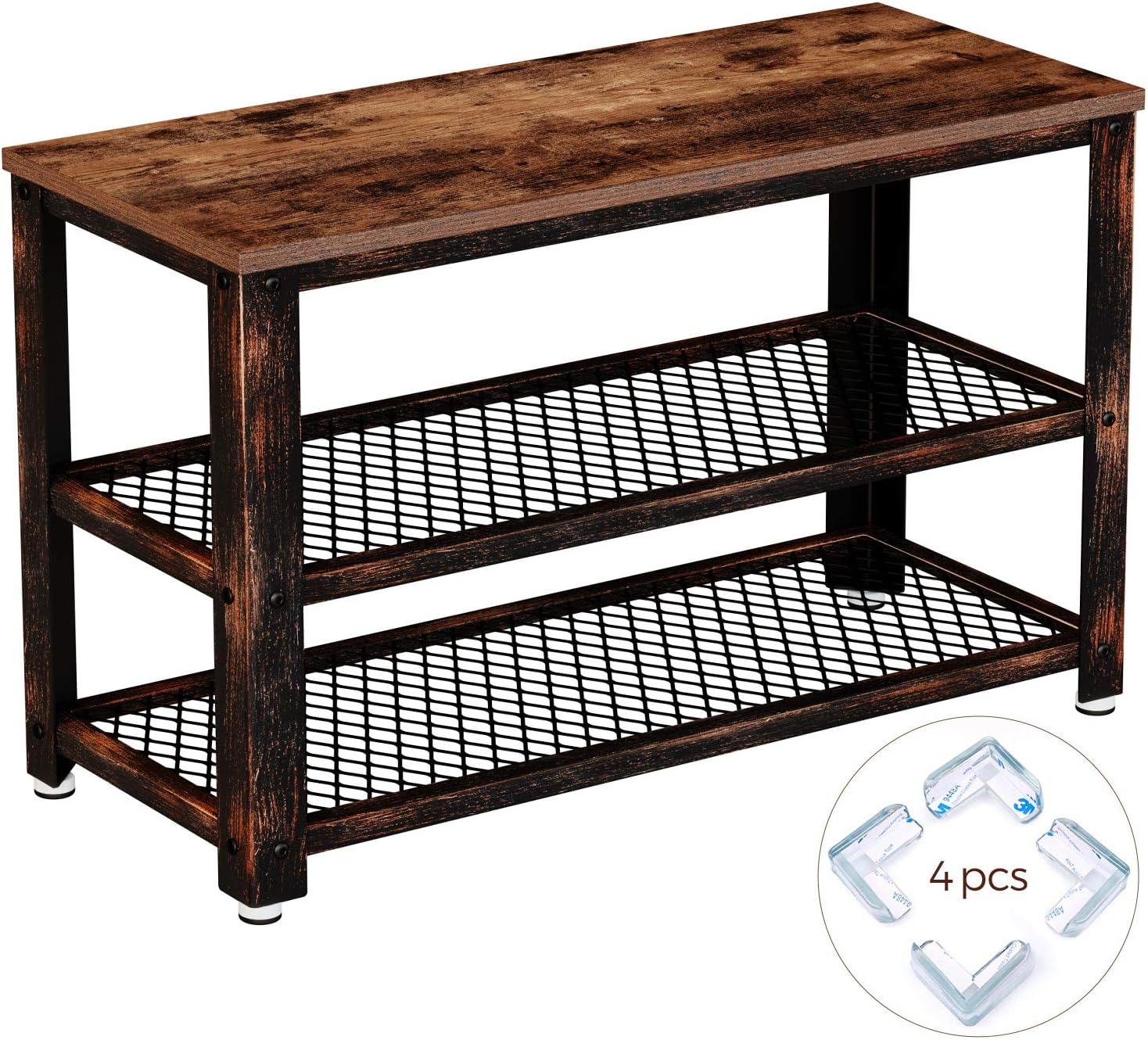 Rolanstar Shoe Bench, Rustic Shoe Rack Bench with Mesh Shelves, Industrial Storage Bench with Stable Metal Frame for Entryway, Mudroom SH001-B: Kitchen & Dining