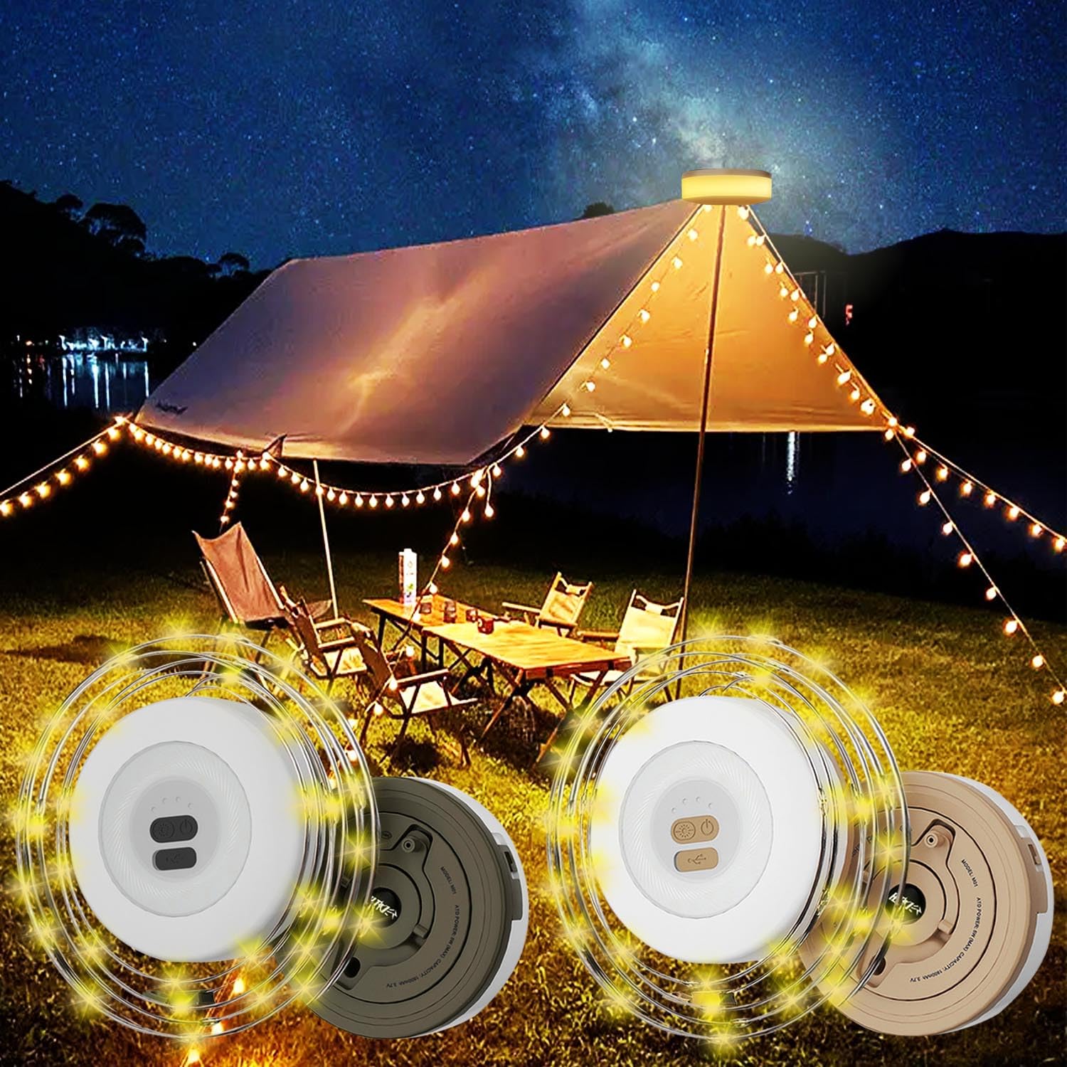 Portable Outdoor Camping Retractable String Lights, 10M Stowable RGB & Warm Led Strip Light, USB Rechargeable Wind Up Tent Star Lantern for Campsite, Awning, Bedroom, Backyard (2 Pack Green+Yellow) — image 1