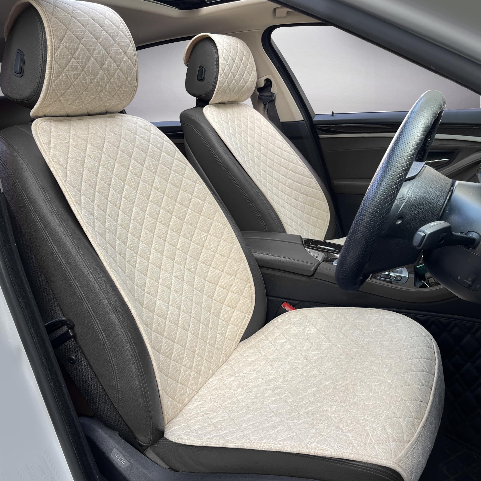 Photo 1 of BOPUOVRE Linen Car Seat Covers Front Seat Covers Breathable Cloth Fabric Car Seat Protector - Universal Fit for Cars, Vans, SUVs, Trucks - 2 Units - Beige