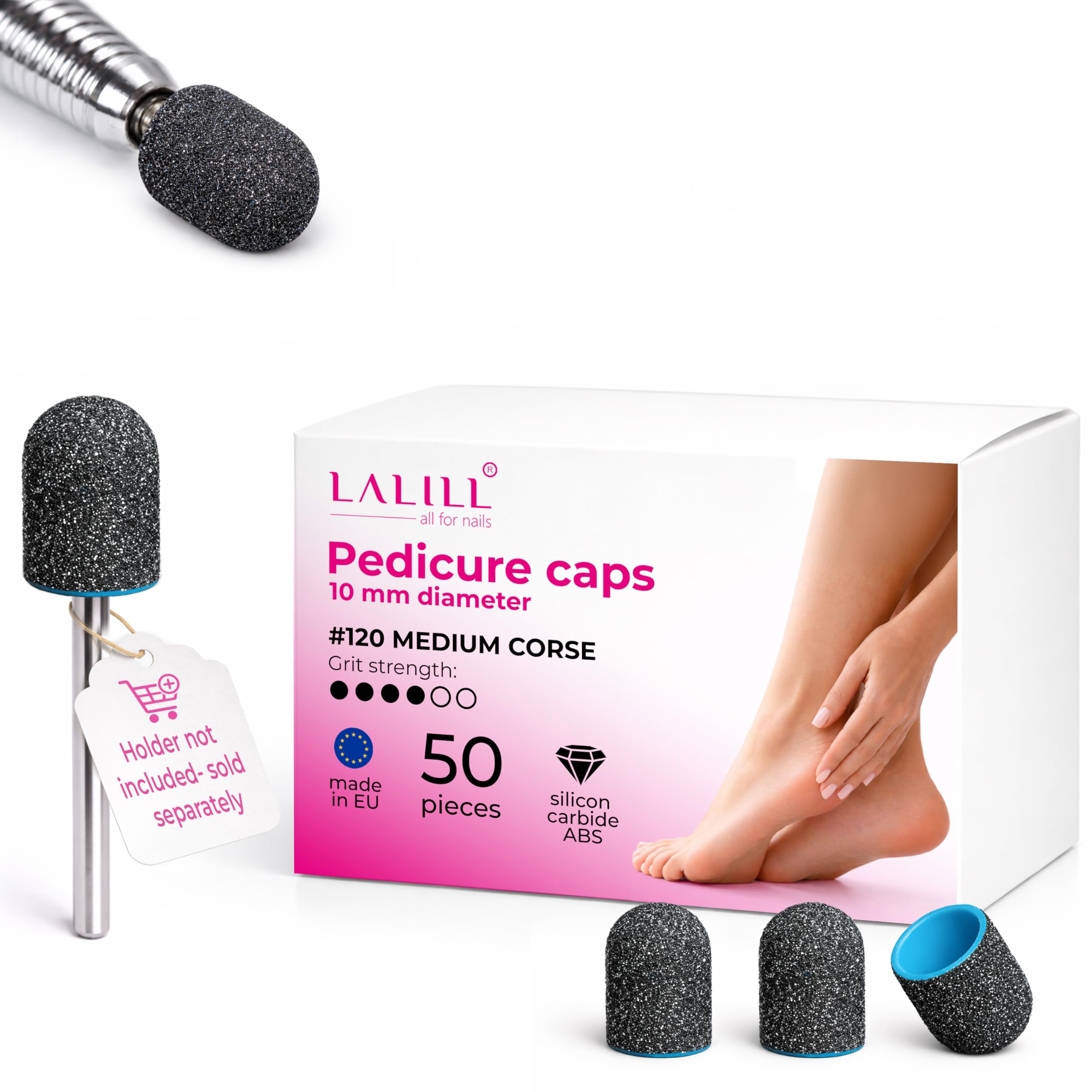 LALILL Sanding Caps LUX Pack of 50 - Graphite Milling Caps for Nail Cutters - Manicure, Pedicure & Podiatry - Attachments for Foot Care, Callus Removal, Nail Modeling, 10 mm 120 Grit