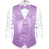 Hi-Tie Men's Sequin Vest Bowtie Prom Suit Vest for Men Tuxedo Dinner V Neck Slim Fit Waistcoats