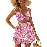 AGERWAY Women's Jumpsuit Sexy V Neck Twist Spaghetti Straps Double Layer Ruffle Hem Mini Short Romper