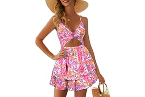 AGERWAY Women's Jumpsuit Sexy V Neck Twist Spaghetti Straps Double Layer Ruffle Hem Mini Short Romper