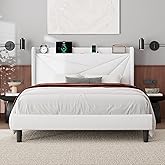 Feonase Queen Size Bed Frame with Charging Station, Velvet Upholstered Platform Bed Frame with Wingback Storage Headboard, Solid Wood Slats Support, No Box Spring Needed, Noise Free, White