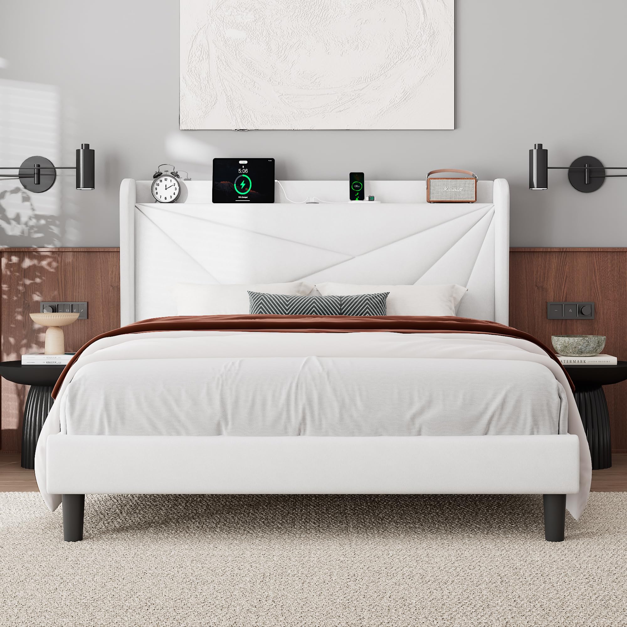Feonase Queen Size Bed Frame with Charging Station, Velvet Upholstered Platform Bed Frame with Wingback Storage Headboard, Solid Wood Slats Support, No Box Spring Needed, Noise Free, White Image