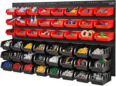 Étagère Bac à Bec Plastique, 48 Boites Rangement Empilables Atelier Garage avec Panneaux Muraux, Organisateur Outils pour Écrous, Boulons, Vis, Clous, Perles, Boutons, Petites Pièces, Noir/Rouge